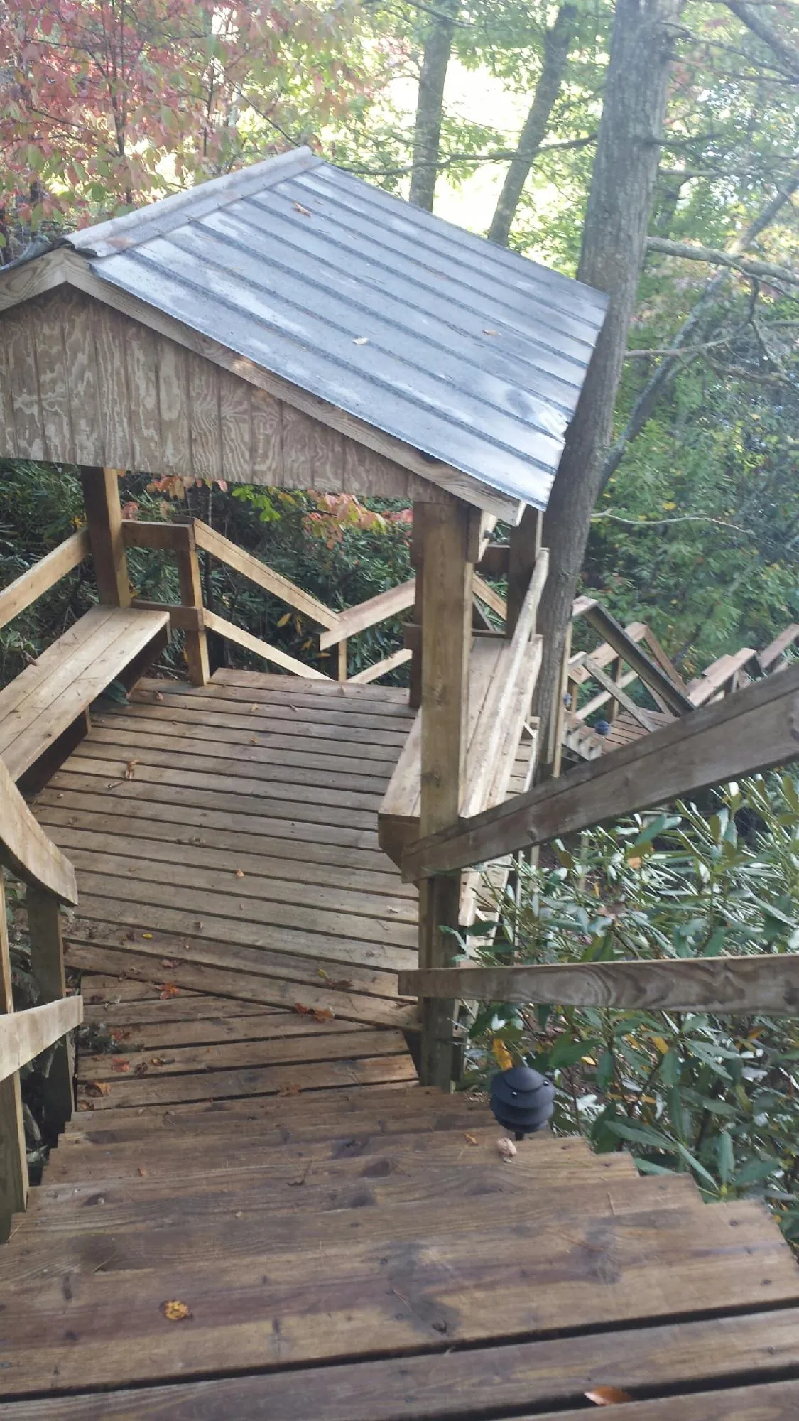 Metal roofed shelter over wooden steps on a wooded walkway — Skylight Repair & Installation work by our crew in Cumbola